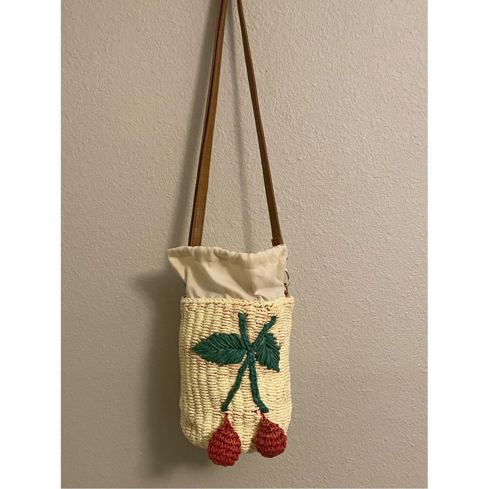 Woven Straw Cherry Crossbody Bucket Bag Cream Drawstring Summer Purse - Picture 2 of 13